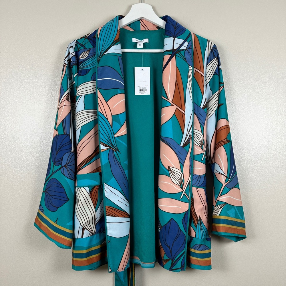 Nine West Women's XS Tie Waist Satin Jacket Teal Bold‎ Tropical Leaf NEW